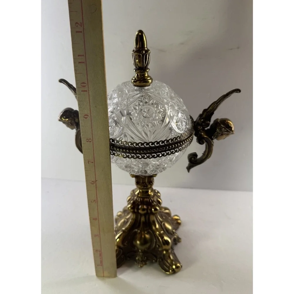 Vintage Hollywood Regency Cut Crystal Candy Dish Brass Cherub Lidded Compote
